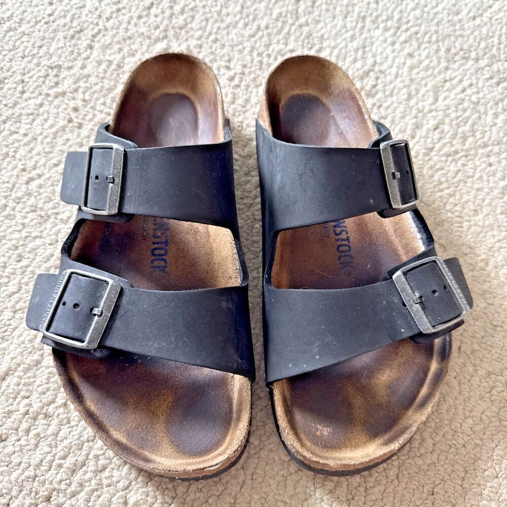 Birkenstock Arizona Black Sandals Oiled Leather Soft Footbed Unisex EU 39 W/US 8